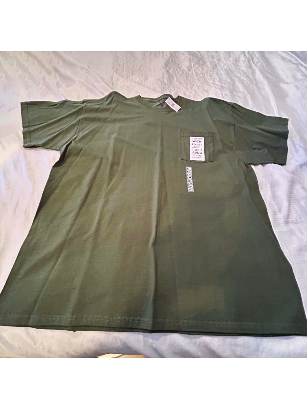 T-SHIRT, OLIVE, SIZE 2XL, SHORT SLEEVES, CHEST POCKET, PURE COTTON, ROUND NECK,